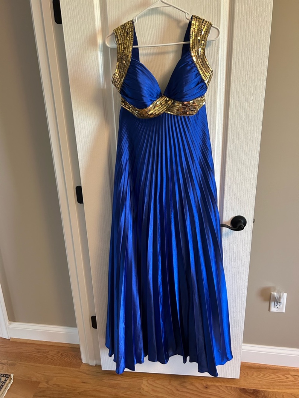 Tiffany Designs Royal Blue Prom Gown with Gold Sequin Trim